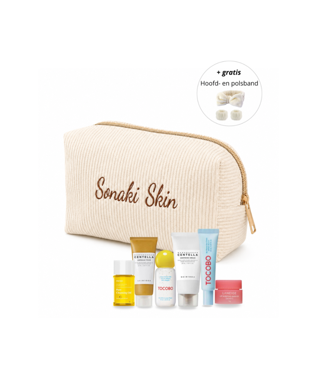Sonaki Skin travel set voor de vette en gecombineerde huid met crèmekleurige toilettas en Korean skincare mini’s
