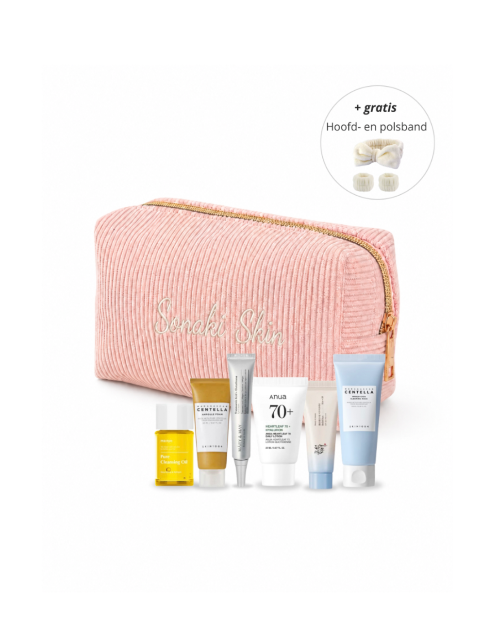Sonaki Skin travel set voor de droge huid met roze toilettas en Korean skincare mini’s